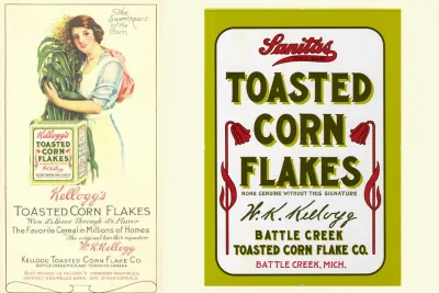 Ad for Kellogg's toasted corn flakes and front box design of Sanita's Toasted Corn Flakes.