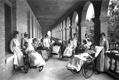Patients and nurses at The Western Health Reform Institute in 1867.