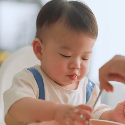 A Baby in a High Chair Being Spoon Fed