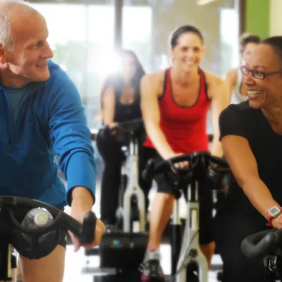 People in a cycling class.