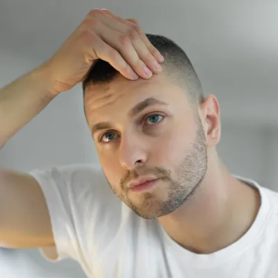 A young man holding his hand to his head.