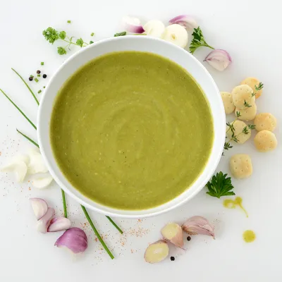Bowl of asparagus soup with floral decoration beside bowl
