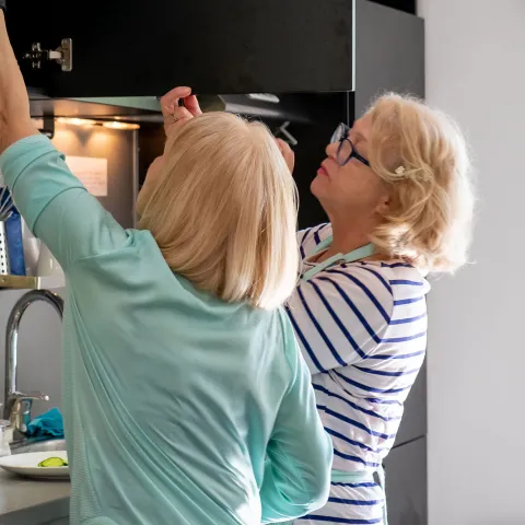 A Couple of Friends Get Ingredients From a Cabinet in the Kitchen as the Duo Prepares to Cook.