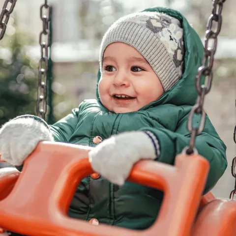 A Small Child in a Swing on a Playground. 