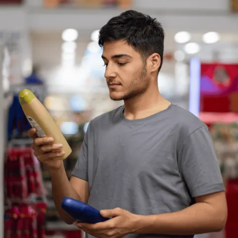 A Man Holds a Bottle of Shampoo in a Grocery Store