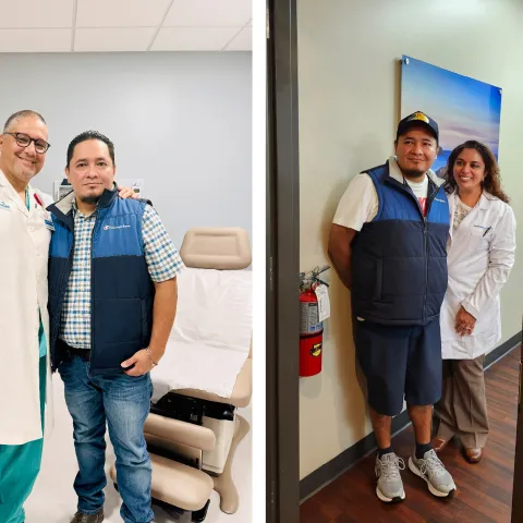 Colorectal cancer patient Alfredo Altamirano with Dr. Norbert Garcia-Henriquez and Dr. Sarah George.