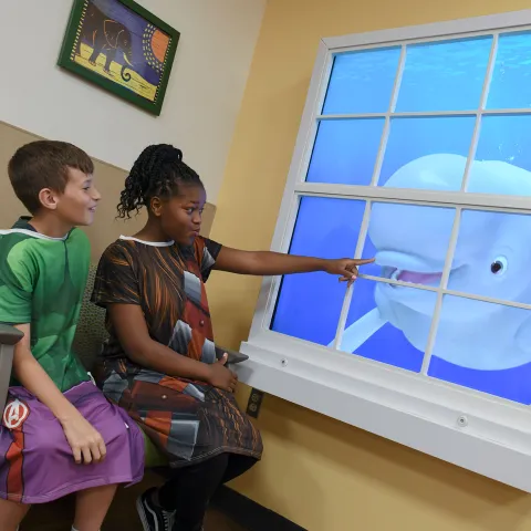 AdventHealth for Children looking at Disney Team of Heroes Magic Window