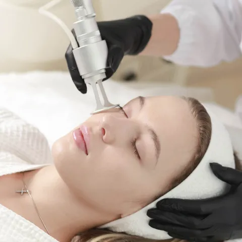 A woman receiving laser treatments on her face.
