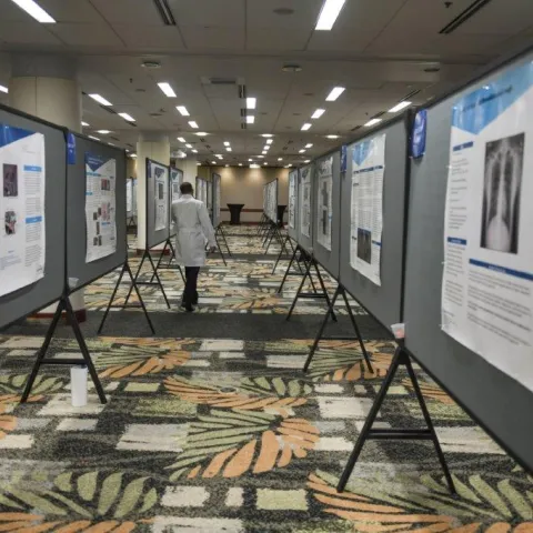 An aisle of research presentations 