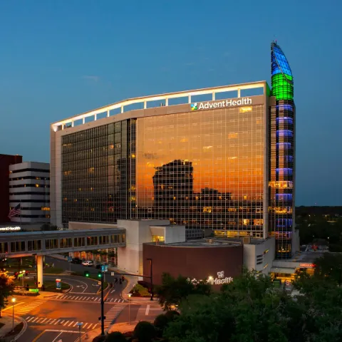 Beautiful Downtown Orlando Hospital as sunset reflects off the glass