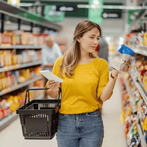 A woman reading a product nutrition label at the store.