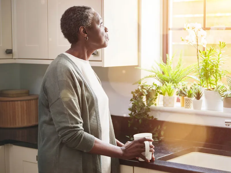 A Woman Stairs Out Her Kitchen Window, Deep in Thought.