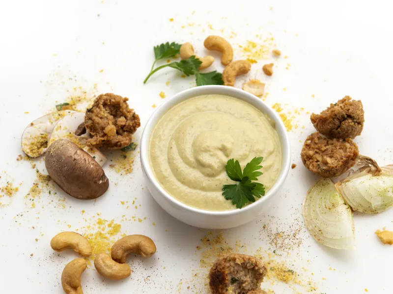 Bowl of chicken-style gravy with meatball, mushroom, onion, and cashew garnishes