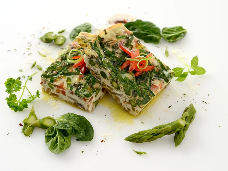 two square slices of a veggie-packed egg frittata