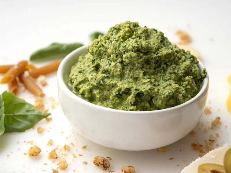 White bowl of green pesto on white counter