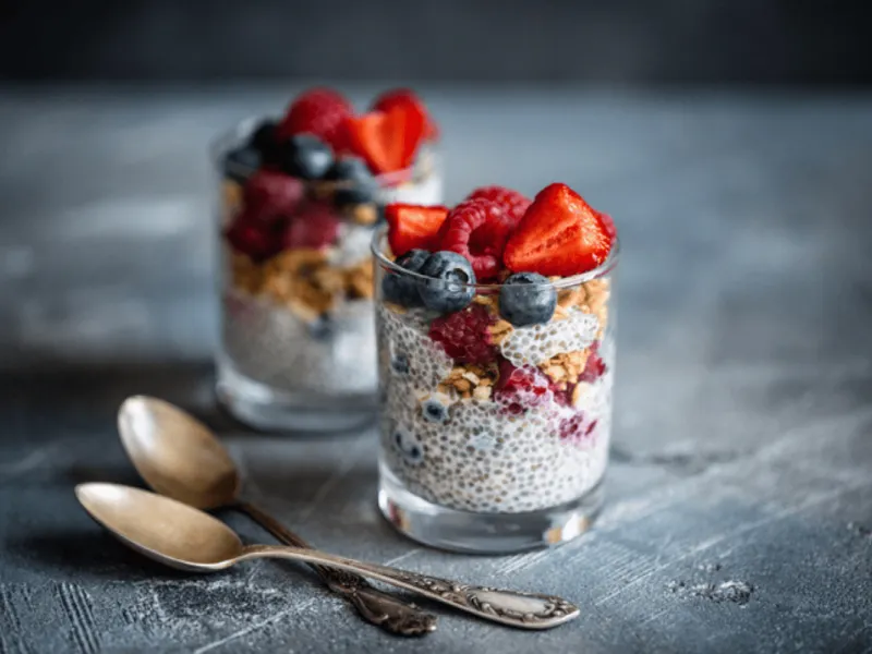 chia seed pudding with vanilla and berries