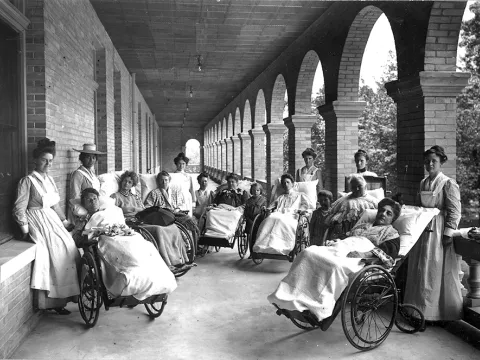 Patients and nurses at The Western Health Reform Institute in 1867.