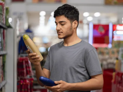 A Man Holds a Bottle of Shampoo in a Grocery Store