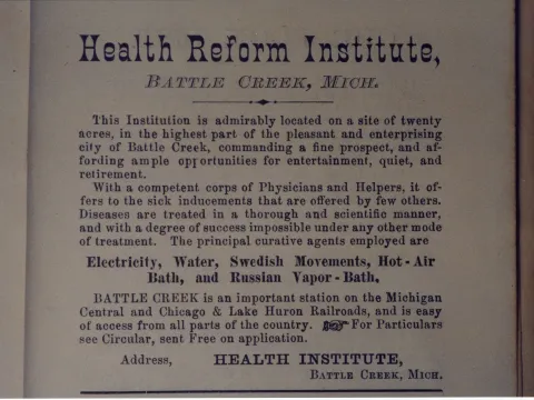 An ad for Health Reform Institute in Battle Creek, Michigan.