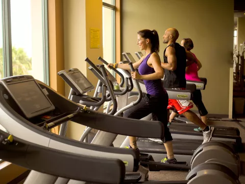 Three people running in different elliptical machines 