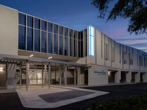 Adventhealth New Tampa building exterior at dusk