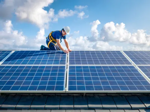 A Worker Wearing a Hard Hat Puts the Finishing Touches on a Solar Panel Install