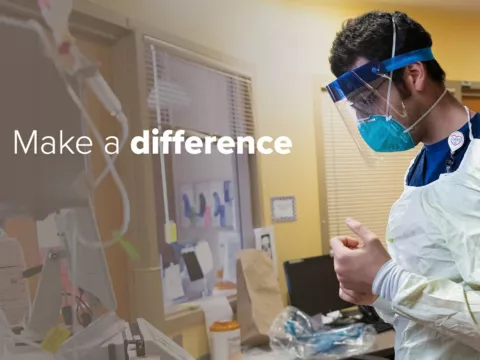 A banner containing the slogan, "Make a difference" with a male nurse working.