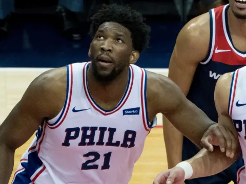 Philadelphia 76ers basketball player Joel Embiid on the court