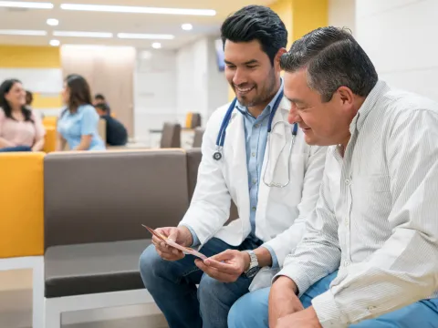 A man reviews test results with his physician. 