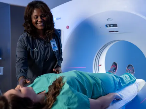 Woman about to get a CT scan.