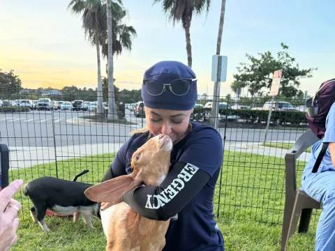 An AdventHealth Team member hugging a goat