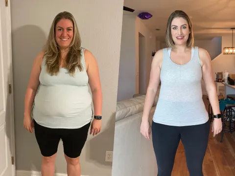 Stephanie Brown before and after her successful weight loss surgery and new healthy lifestyle.