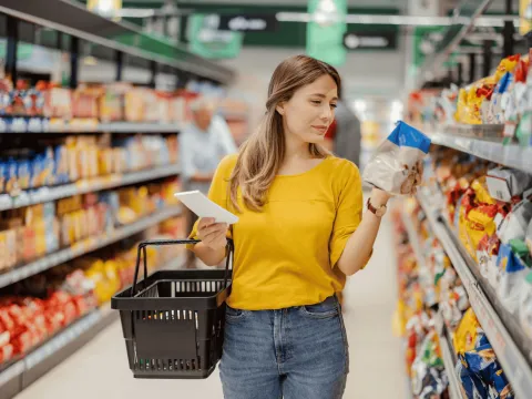 A woman reading a product nutrition label at the store.