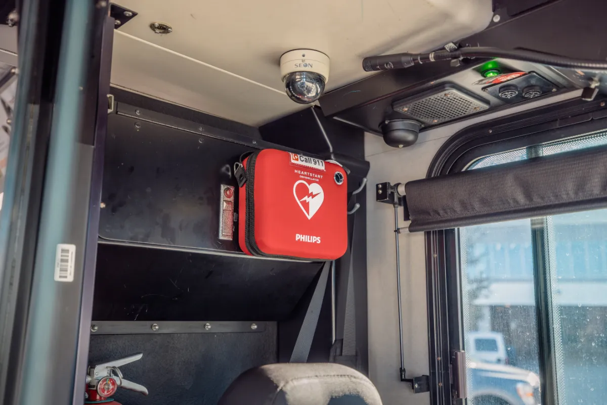 An AED placed inside a LYNX LYMMO bus.