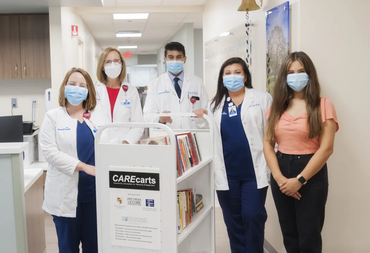 Shanna Guess, NP-C, Director of Oncology Services Lanell Jacobs, Medical Oncologist Mayur Mody, MD, Terrilyn Blackstock, NP-C and Grayson Campbell, a senior at Calhoun High School and newly named Georgia Distinguished Young Woman stand together in the AdventHealth Gordon Cancer Center