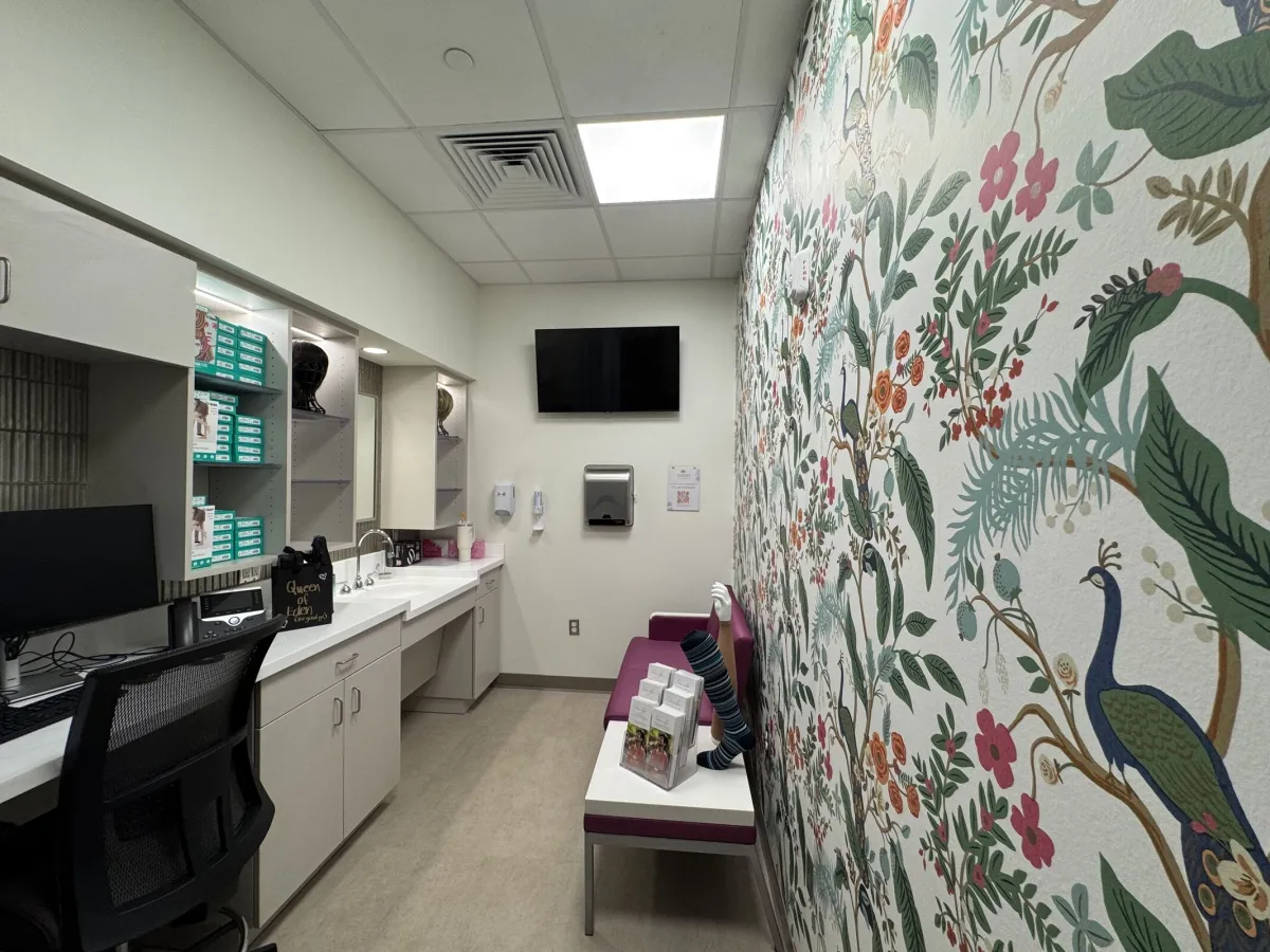 The infusion center provides a warm and supportive environment, complete with comfortable patient recliners, personal TVs, nourishment stations and a private room.