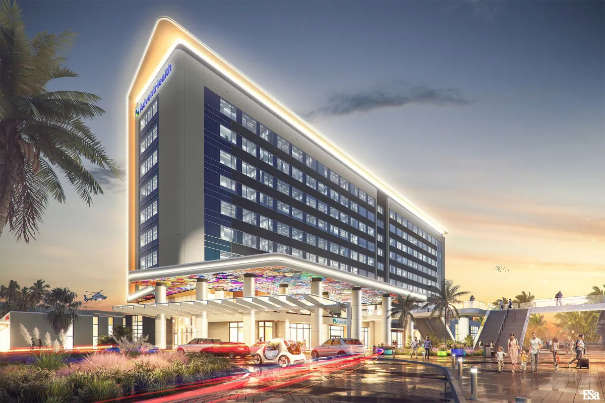 A rendered image of the AdventHealth Lake Nona building at sunset.