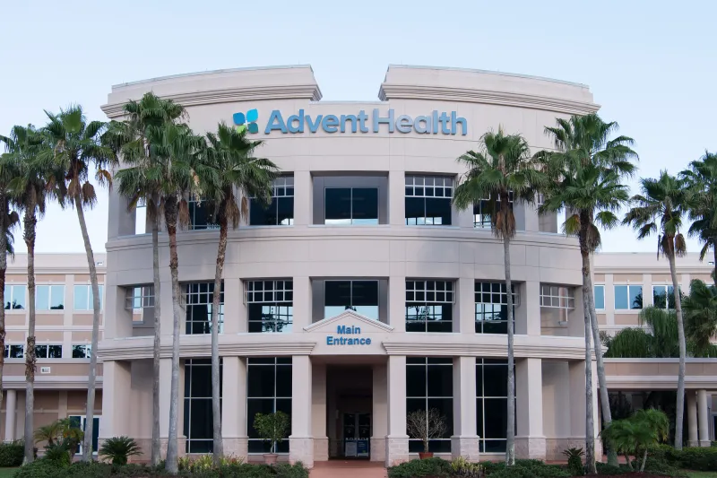 Exterior of the AdventHealth Palm Coast main entrance.