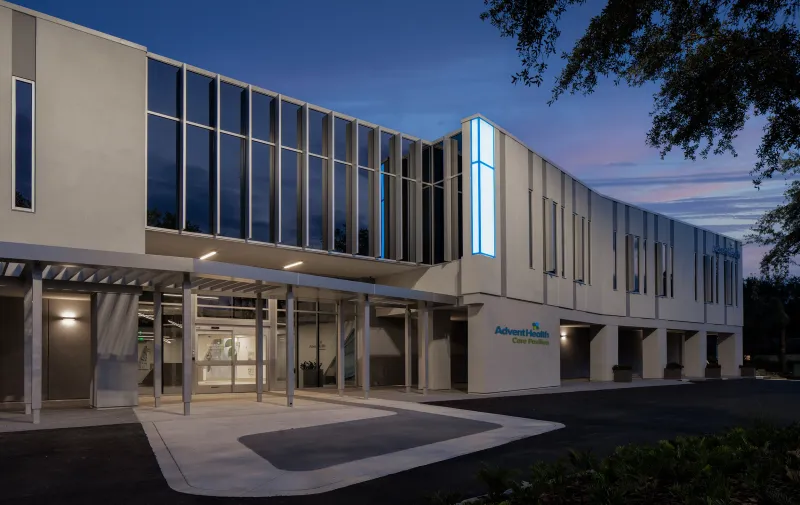 Adventhealth New Tampa building exterior at dusk
