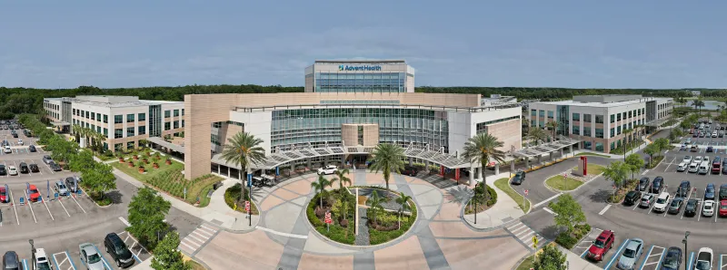 A panoramic view of the AdventHealth Wesley Chapel building
